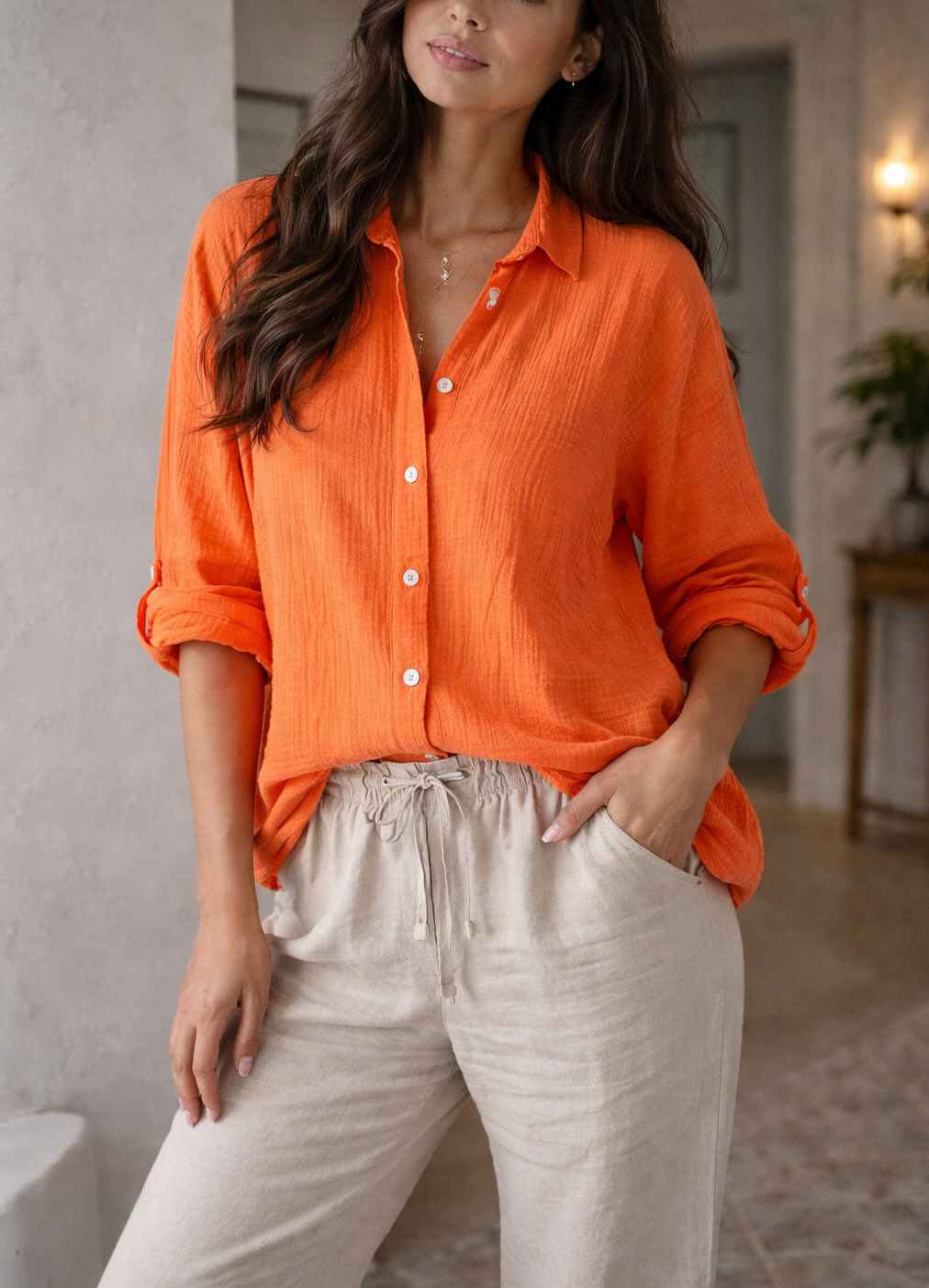 Women's Button Down Shirt - Long Sleeve Collared Relaxed Fit