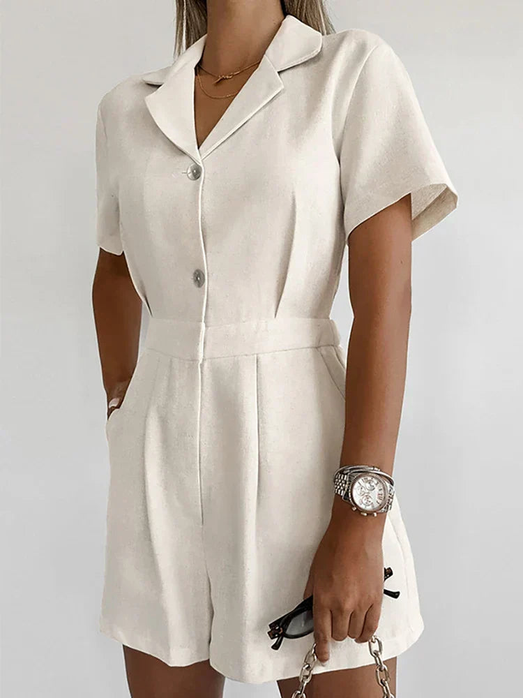 Women's Cream Jumpsuit - Notch Lapel Short Sleeve Button Front