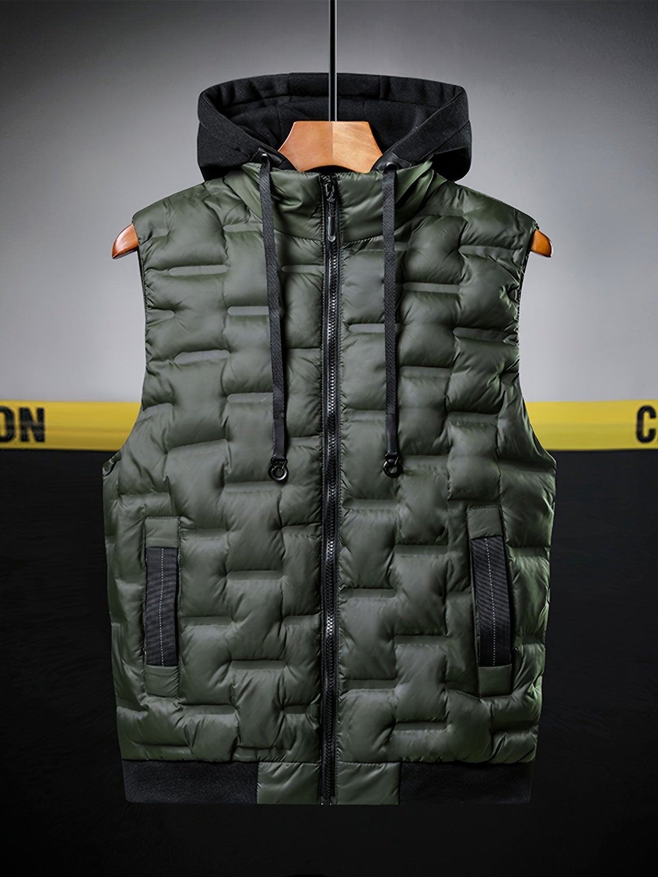 Men's Padded Vest - Hooded Sleeveless Zip Front with Quilted Brick Pattern