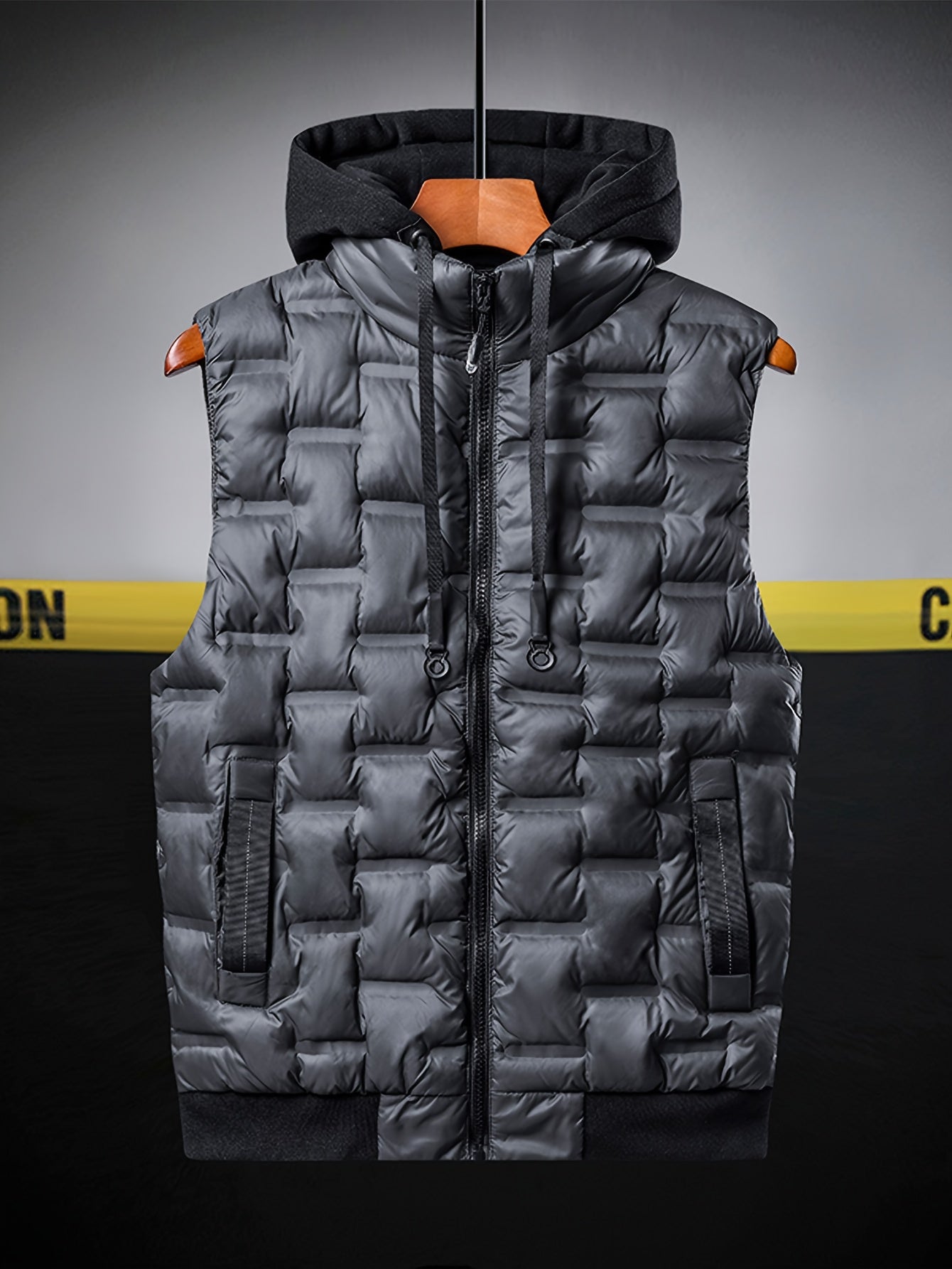 Men's Padded Vest - Hooded Sleeveless Zip Front with Quilted Brick Pattern