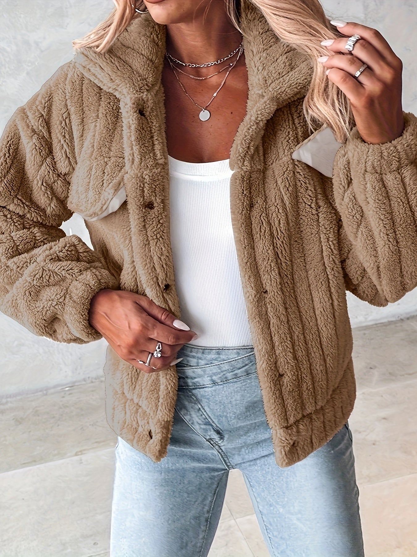Women's Faux Fur Coat - Cropped Open Front Teddy Fleece with Chest Pockets