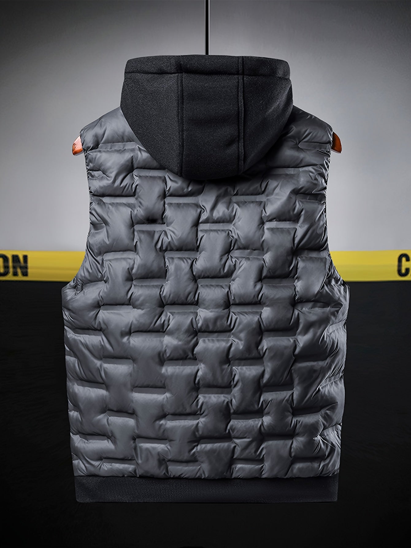 Men's Padded Vest - Hooded Sleeveless Zip Front with Quilted Brick Pattern