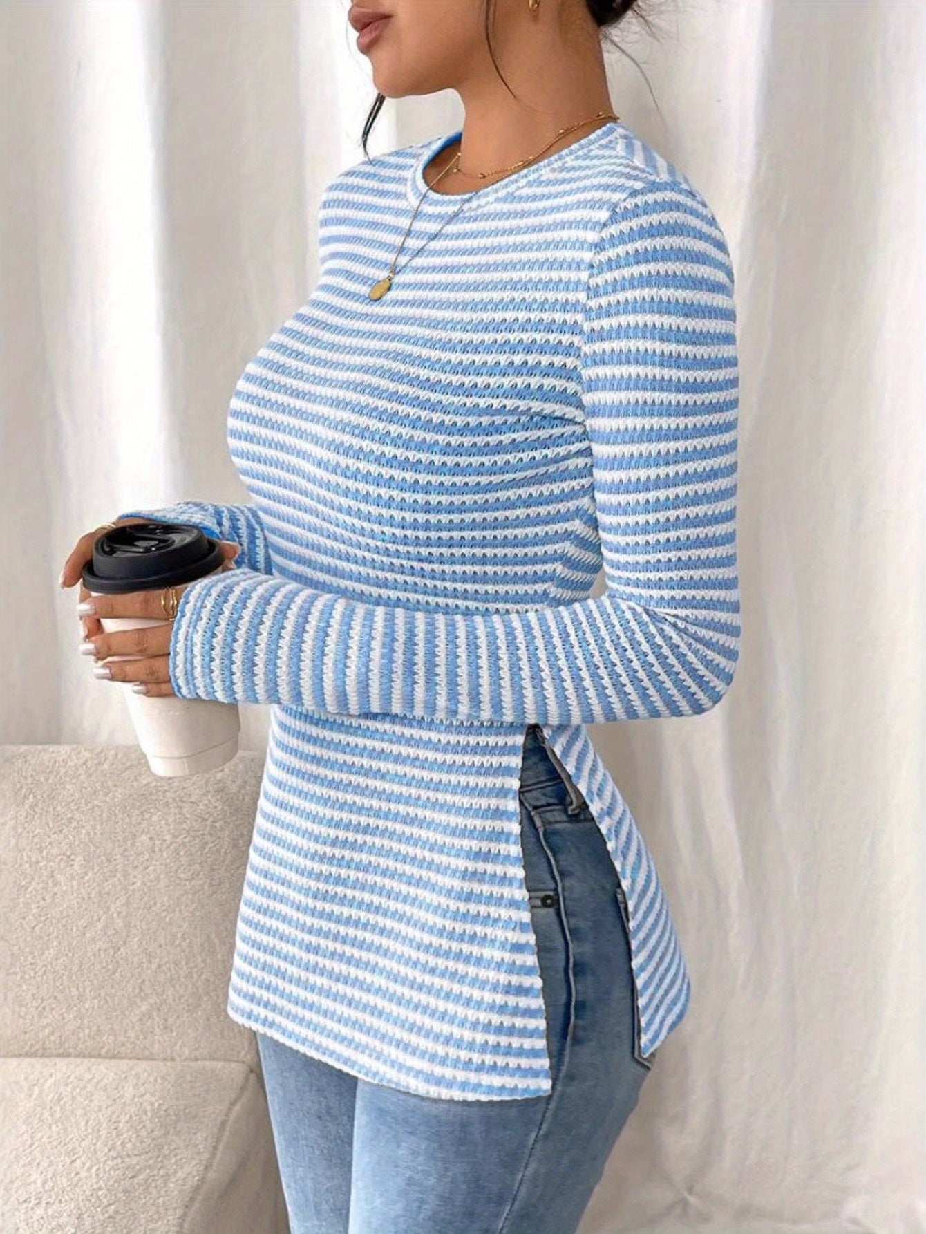 Women's Knit Top - Crew Neck Long Sleeve Stripe with Peplum Hem and Side Splits