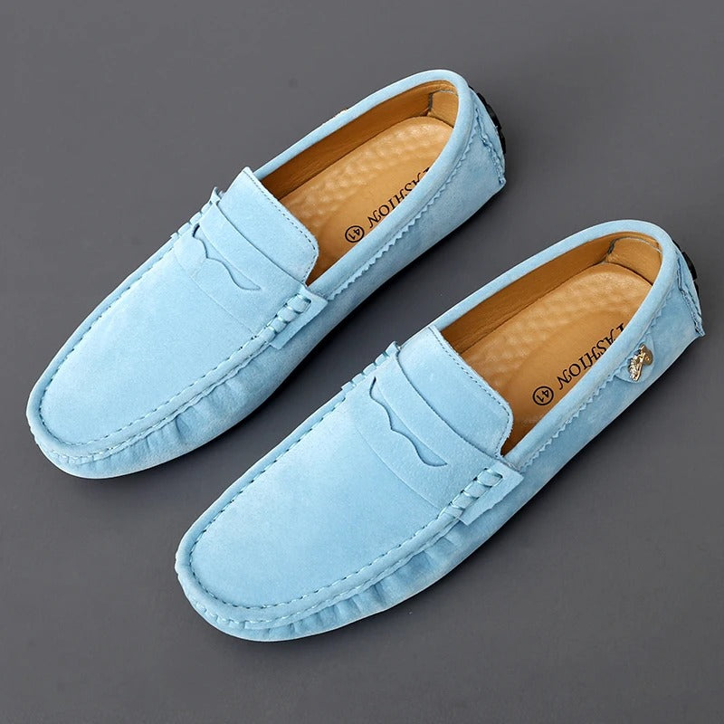 Men's Penny Loafers - Slip-On Suede Style with Whipstitch Detail and Metal Charm