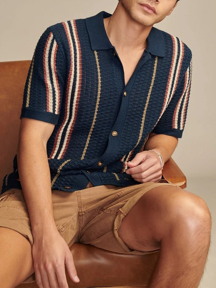 Men's Polo Shirt - Knit Button Through with Vertical Stripe and Open Weave