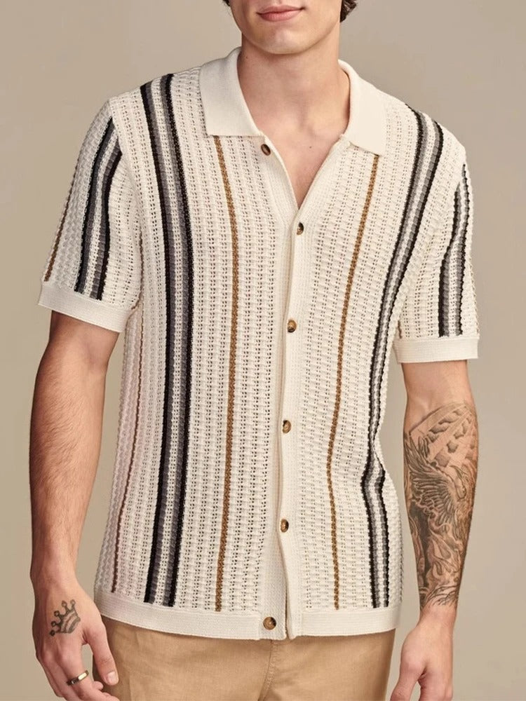 Men's Polo Shirt - Knit Button Through with Vertical Stripe and Open Weave