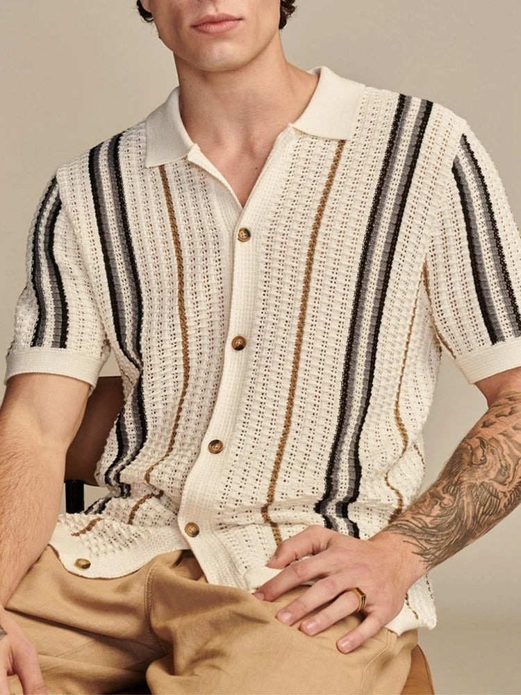 Men's Polo Shirt - Knit Button Through with Vertical Stripe and Open Weave