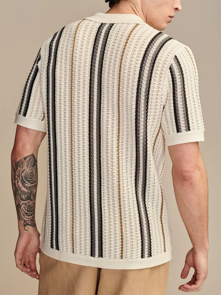 Men's Polo Shirt - Knit Button Through with Vertical Stripe and Open Weave