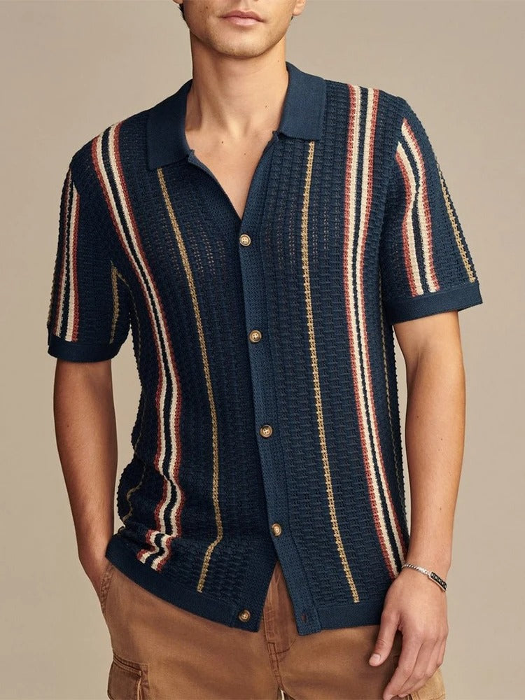 Men's Polo Shirt - Knit Button Through with Vertical Stripe and Open Weave