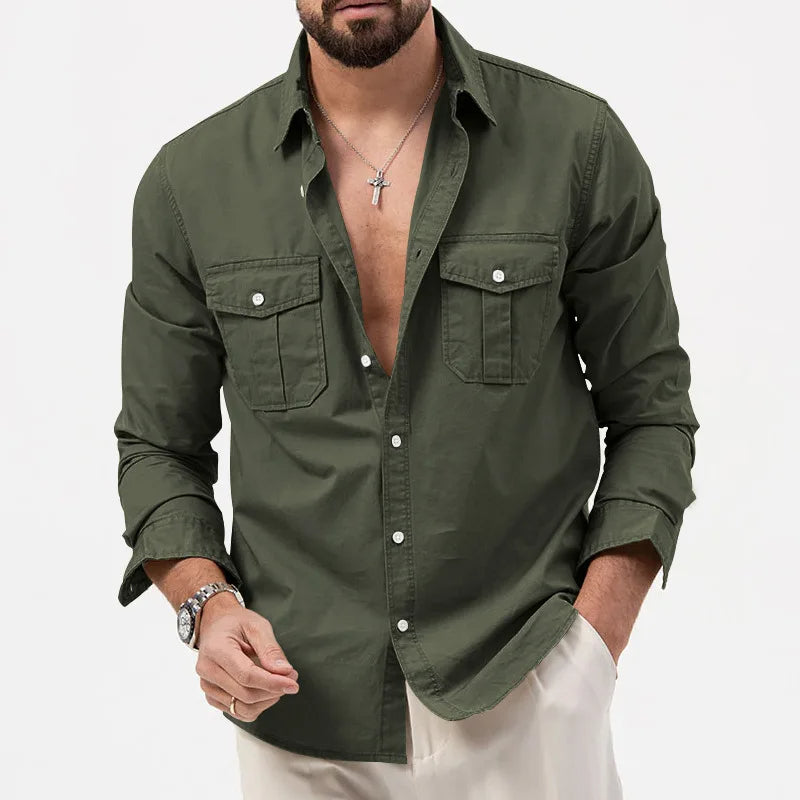 Men's Long Sleeve Button Up Shirt - Dual Chest Pockets - Relaxed Fit