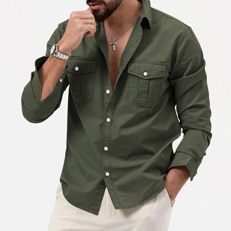Men's Long Sleeve Button Up Shirt - Dual Chest Pockets - Relaxed Fit