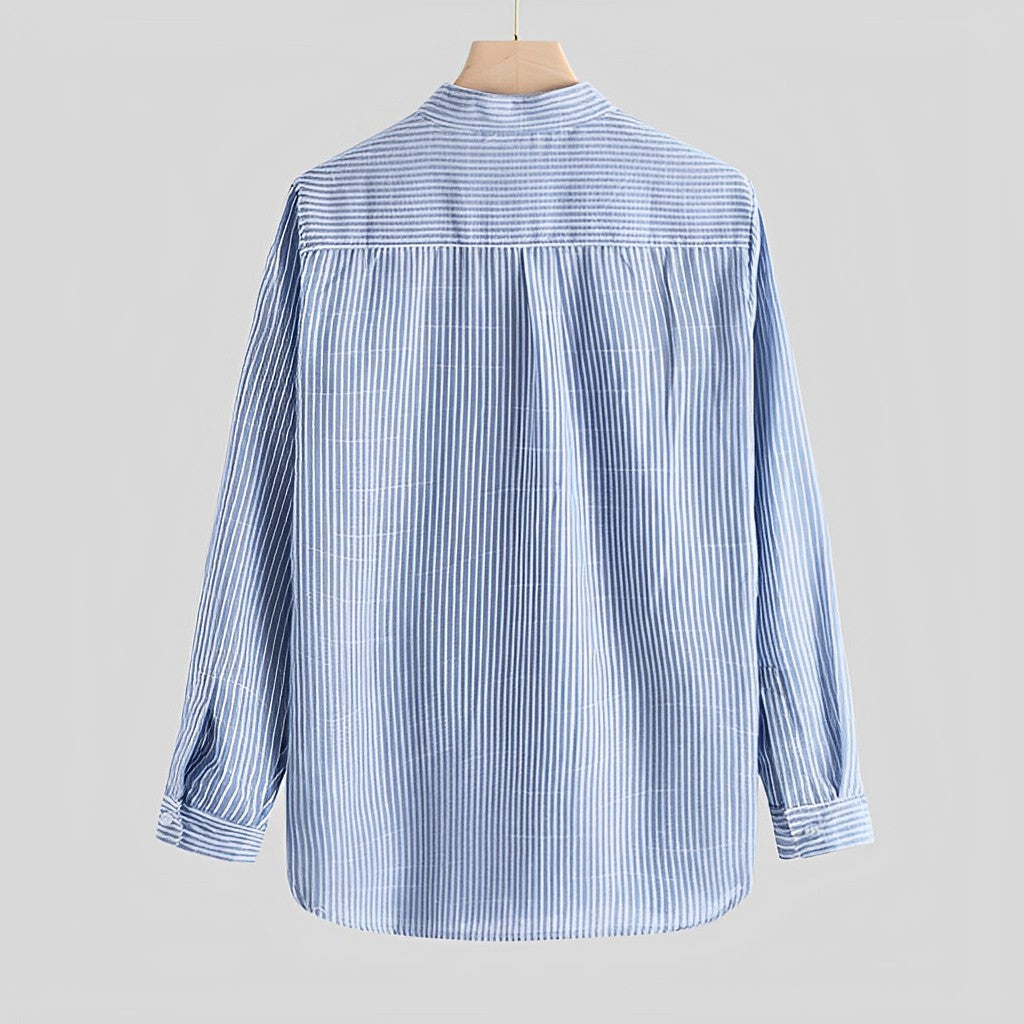 Men's Long Sleeve Shirt - Henley Stand Collar Stripe Print