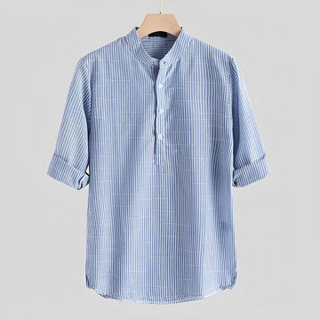 Men's Long Sleeve Shirt - Henley Stand Collar Stripe Print