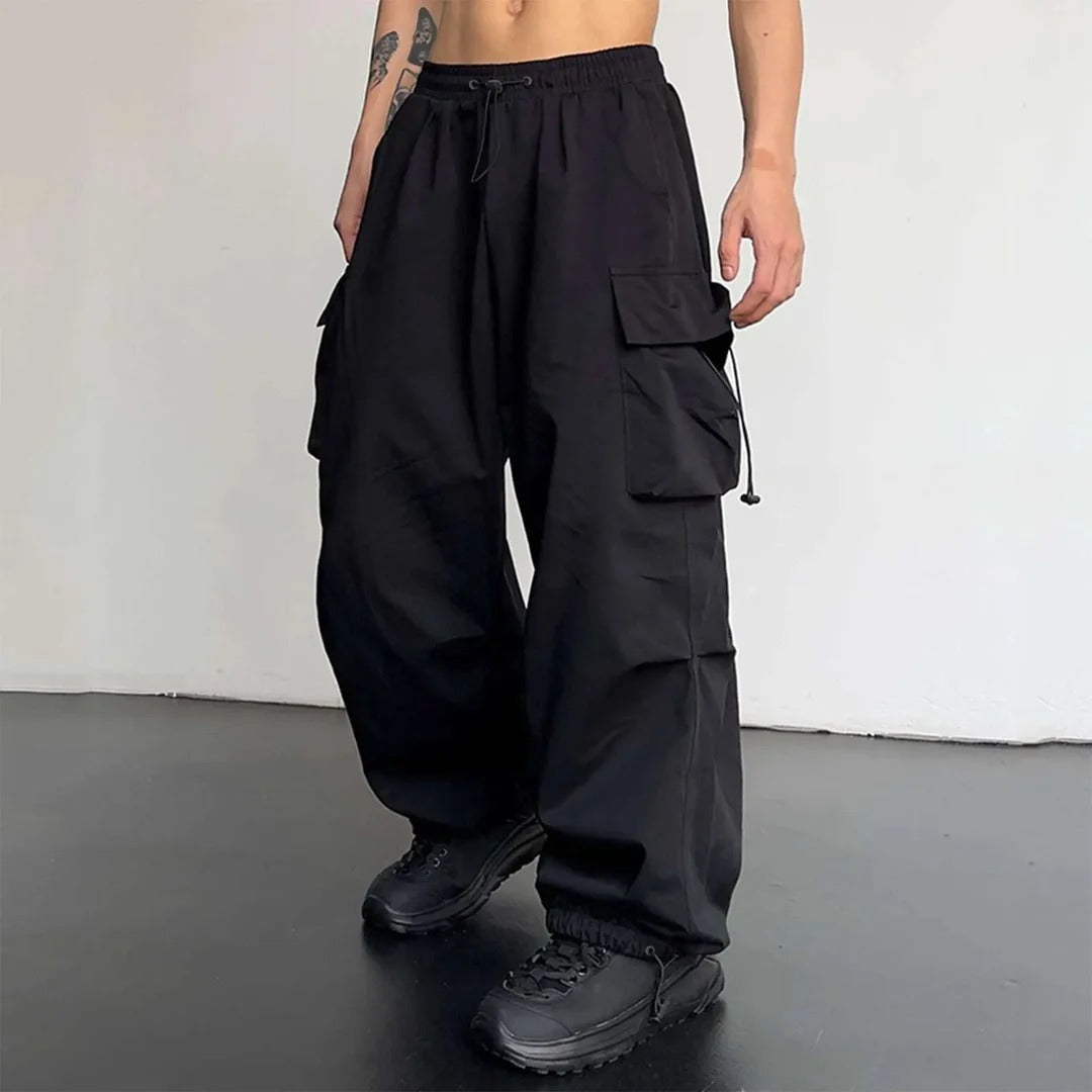 Men's Cargo Pants - Baggy Wide Leg with Drawstring Waist and Multi-Pocket Detail