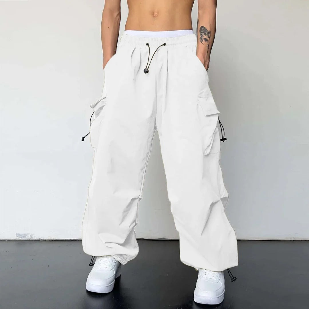 Men's Cargo Pants - Baggy Wide Leg with Drawstring Waist and Multi-Pocket Detail
