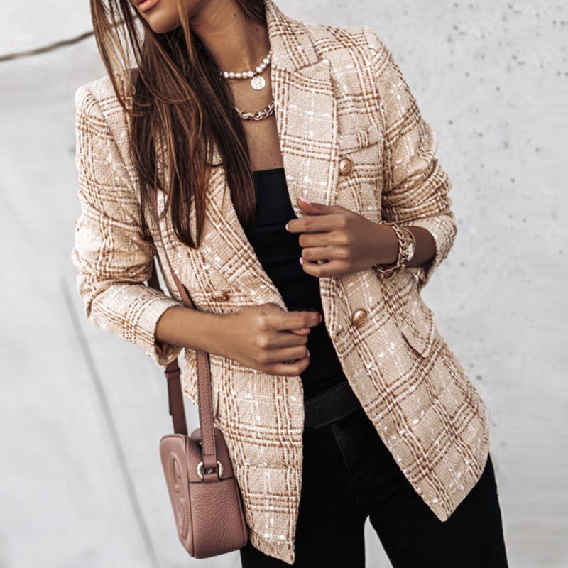 Women’s Classic Check Blazer Jacket – Tailored Button-Front Structured Fit