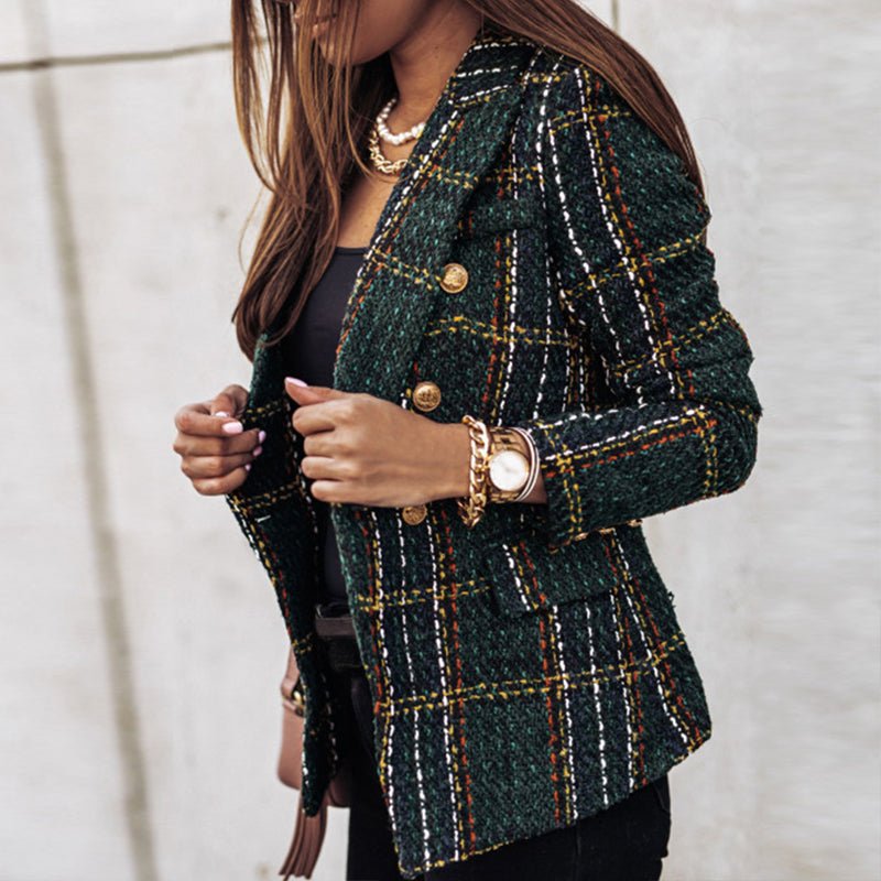 Women’s Classic Check Blazer Jacket – Tailored Button-Front Structured Fit