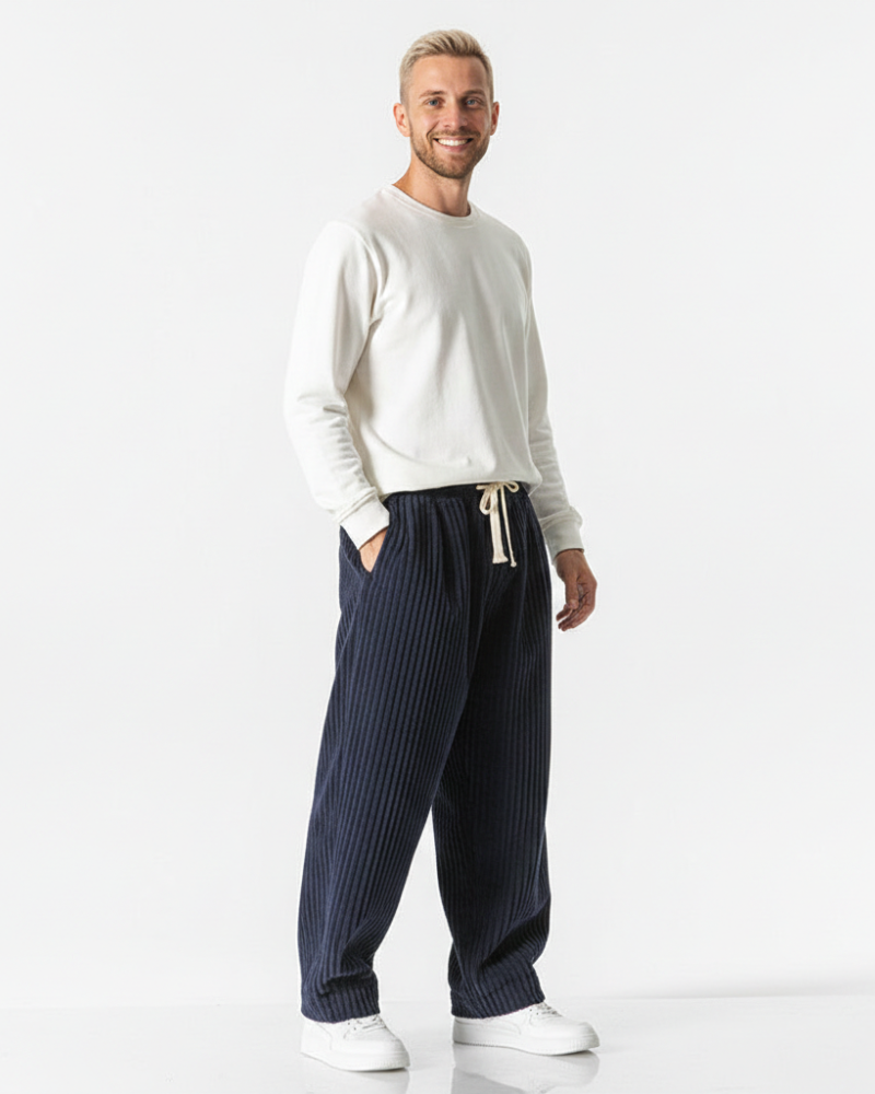 Men's Corduroy Pants - Relaxed Wide Leg with Elasticated Drawstring Waist