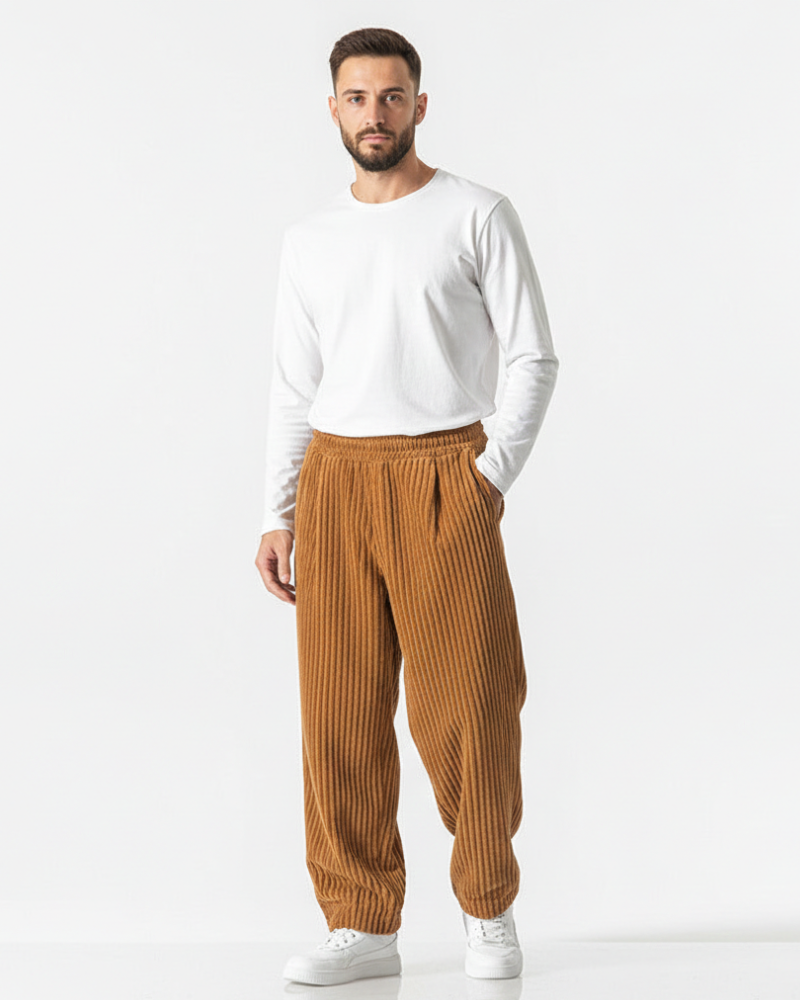 Men's Corduroy Pants - Relaxed Wide Leg with Elasticated Drawstring Waist