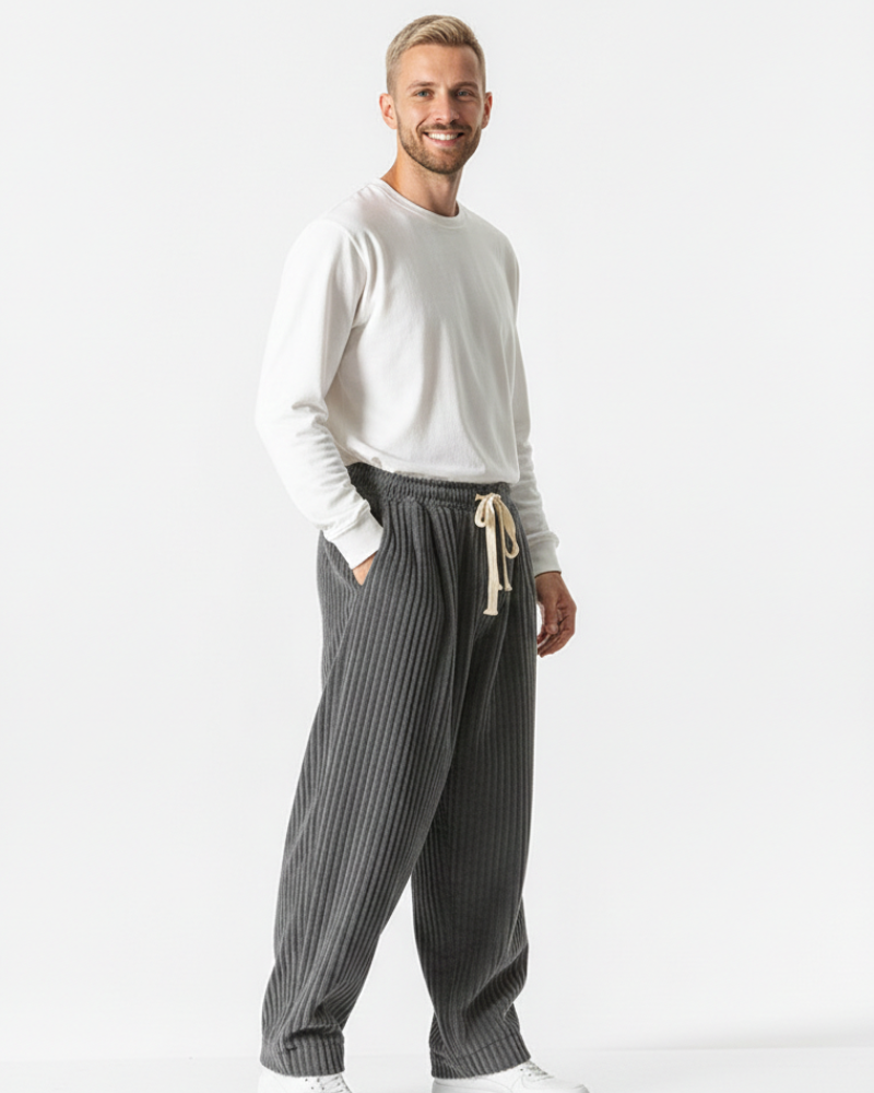 Men's Corduroy Pants - Relaxed Wide Leg with Elasticated Drawstring Waist