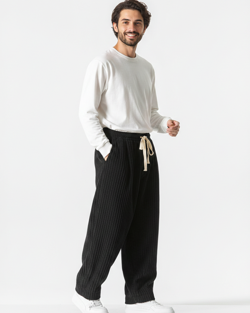 Men's Corduroy Pants - Relaxed Wide Leg with Elasticated Drawstring Waist