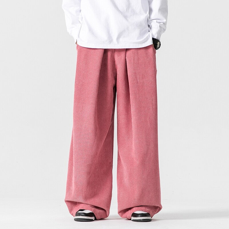 Men's Wide Leg Pants - Pleated Elasticated Waist with Button Closure