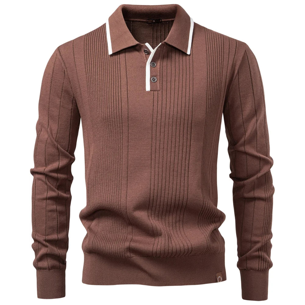 Men's Long Sleeve Polo - Knit Ribbed - Contrast Collar - Slim Fit