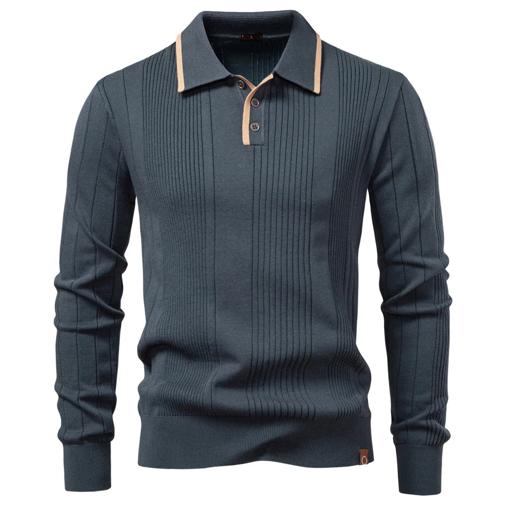 Men's Long Sleeve Polo - Knit Ribbed - Contrast Collar - Slim Fit