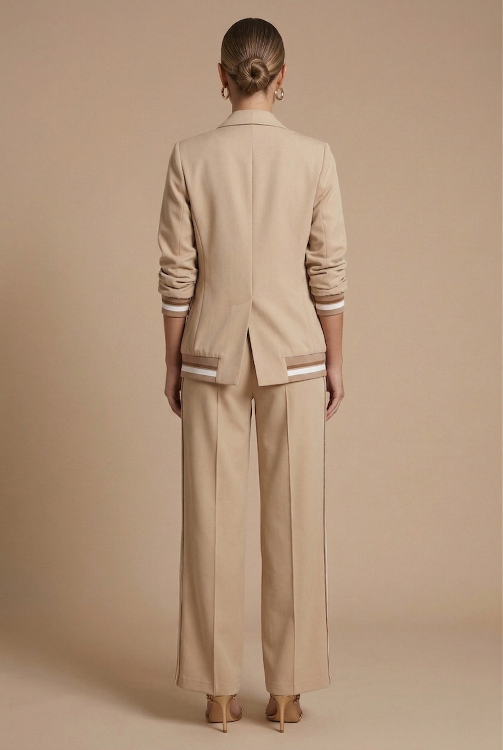 Women's Two Piece Set - Open Front Jacket and Wide Leg Pants with Stripe Trim