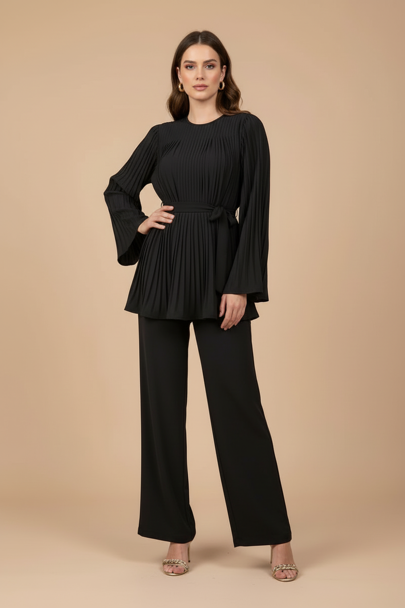 Women's Two Piece Set - Pleated Peplum Top and Wide Leg Pants