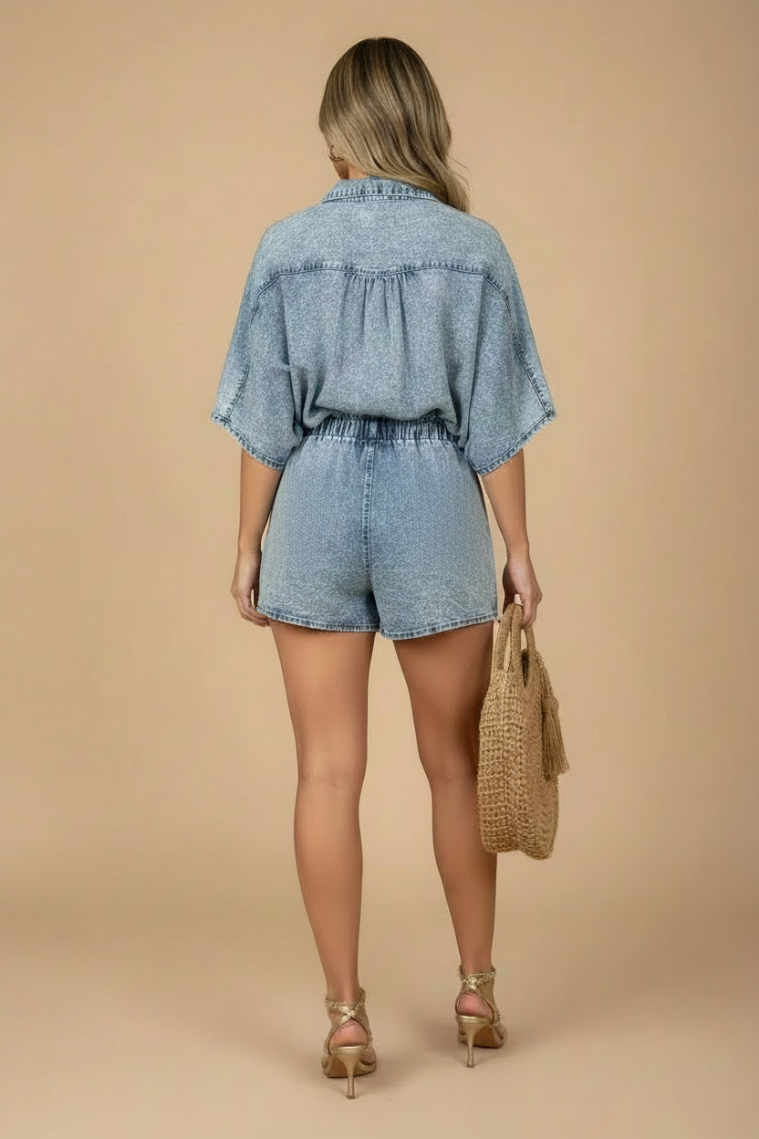 Women's Two Piece Set - Collared Shirt and Drawstring Shorts