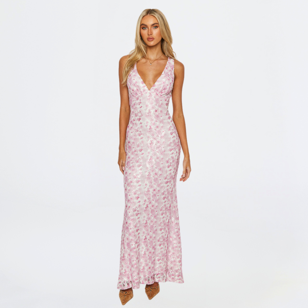Women's Sequin Floral V-Neck Sleeveless Wedding Guest Maxi Dress