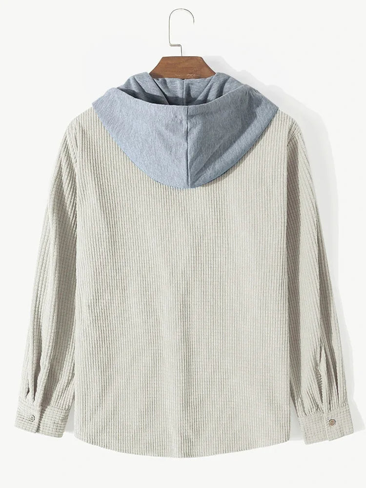 Men's Corduroy Hooded Overshirt - Button Front - Chest Pocket