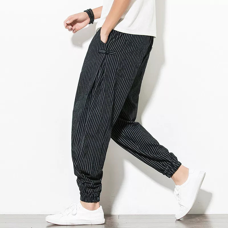 Men's Linen Stripe Harem Pants - Elasticated Waist - Cuffed Hem