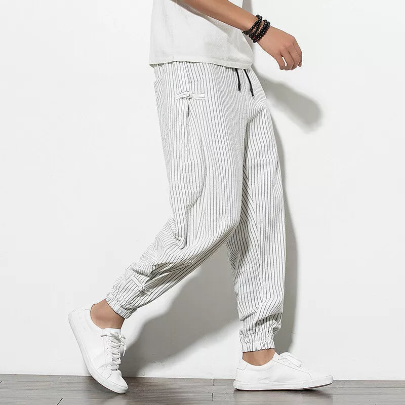 Men's Linen Stripe Harem Pants - Elasticated Waist - Cuffed Hem