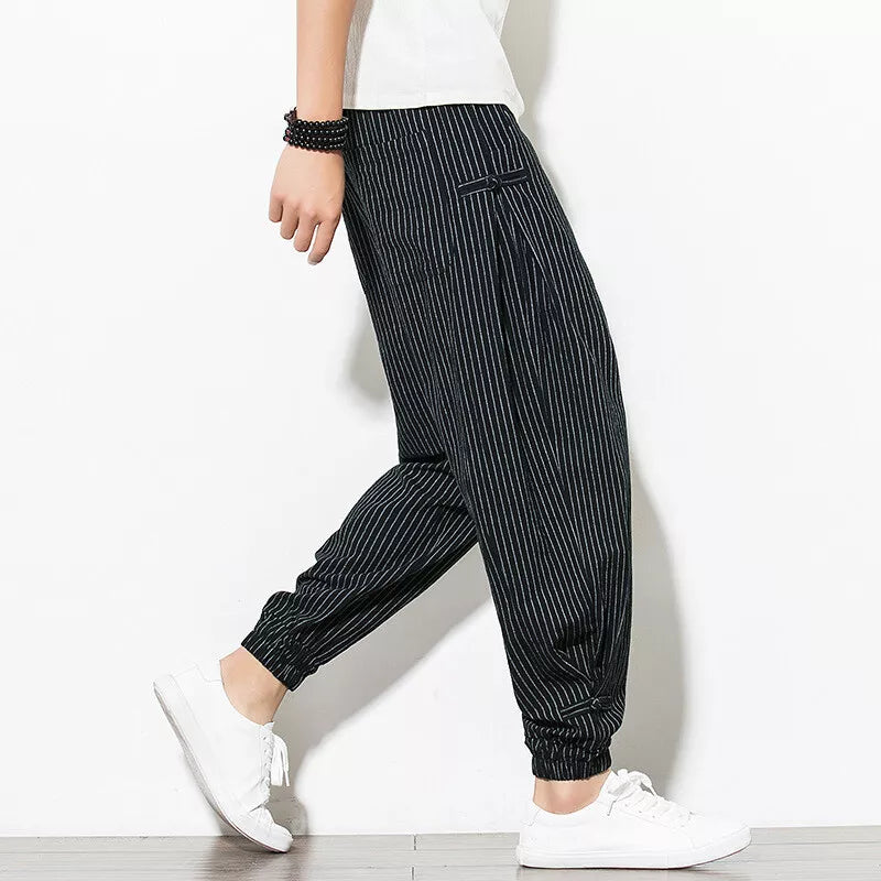 Men's Linen Stripe Harem Pants - Elasticated Waist - Cuffed Hem