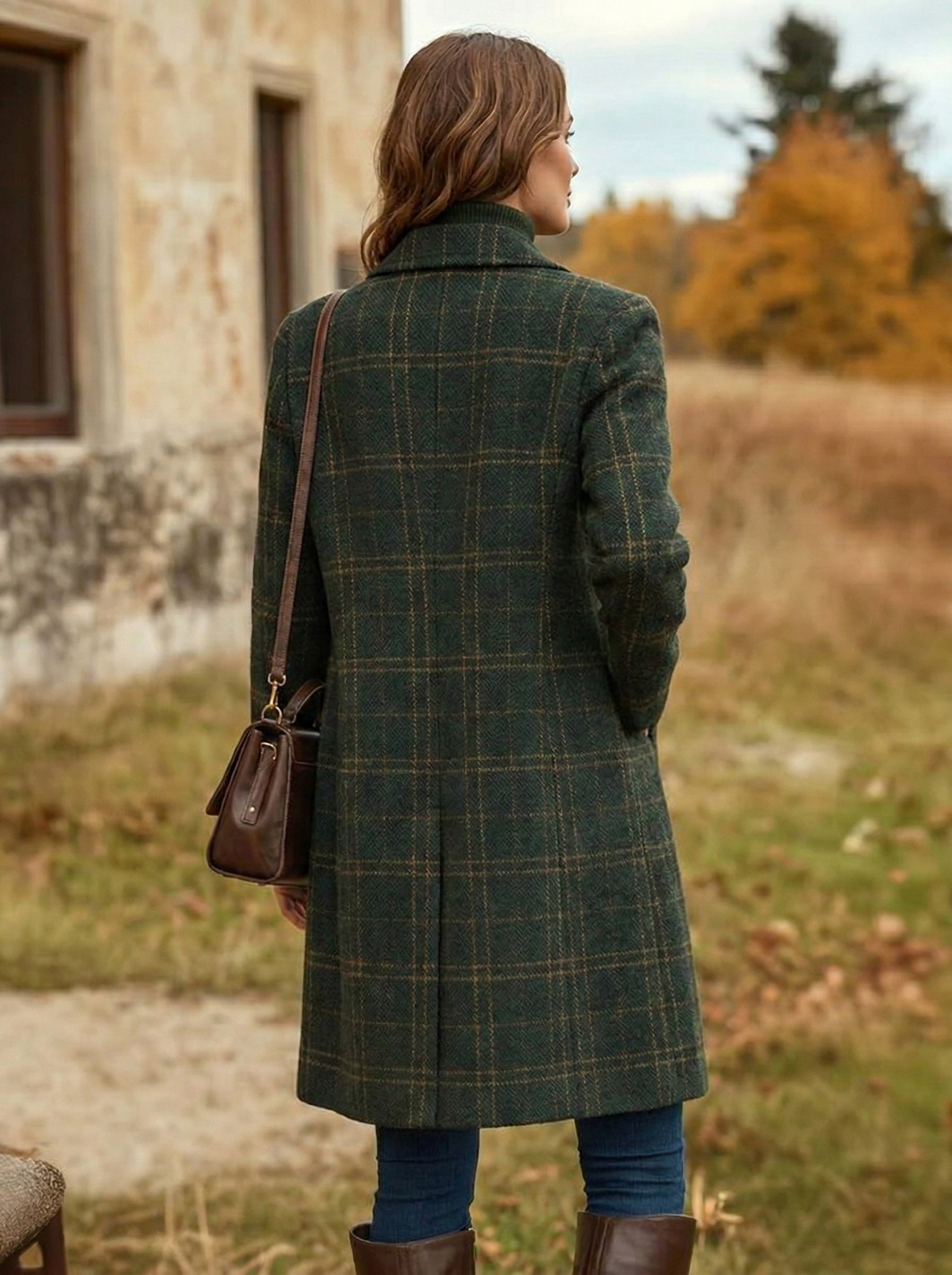 Women's Longline Coat - Windowpane Check - Notched Lapel - Single Breasted - Turn-Back Cuff