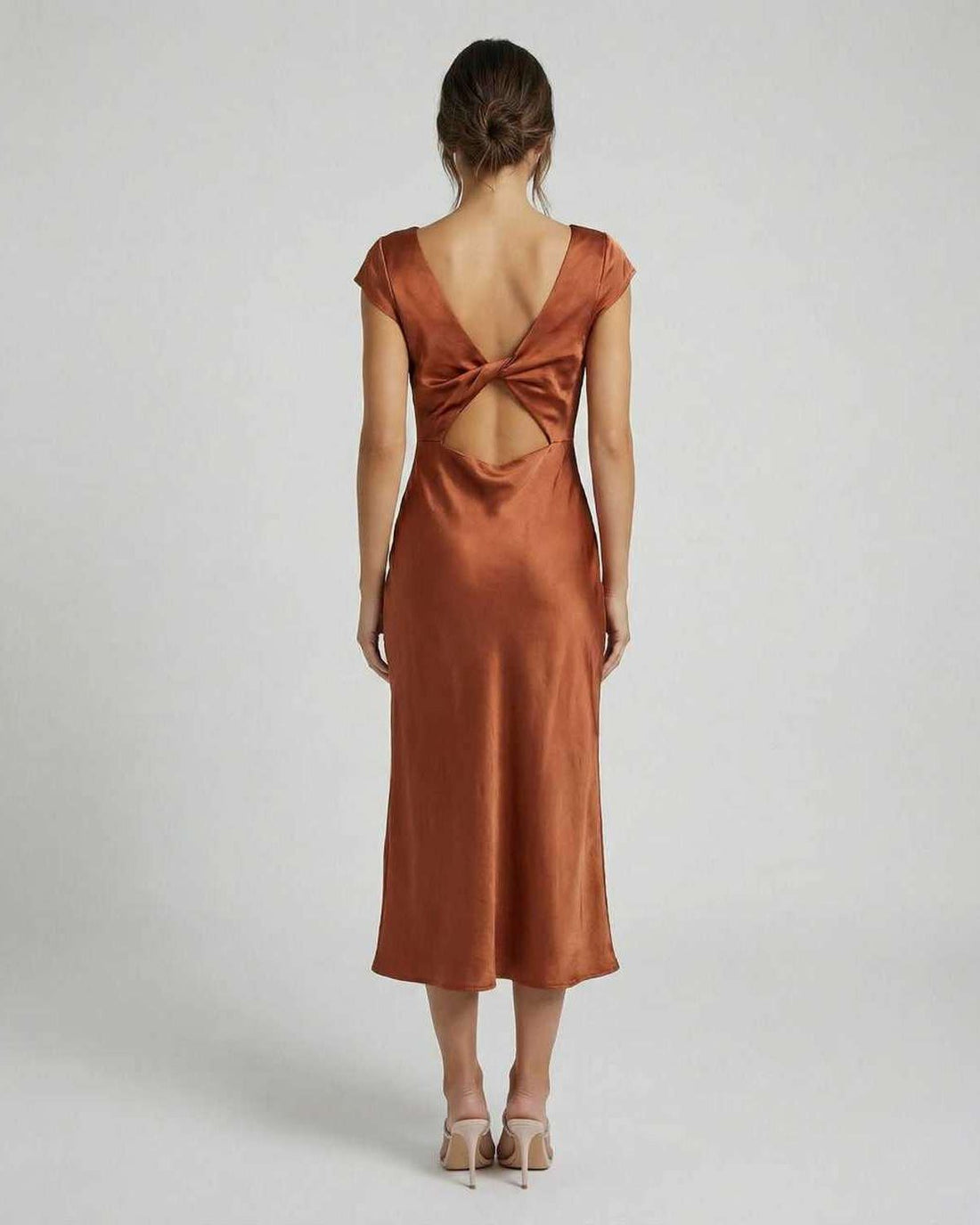 Women's Satin Midi Dress - Cap Sleeve Twist Back Side Slit