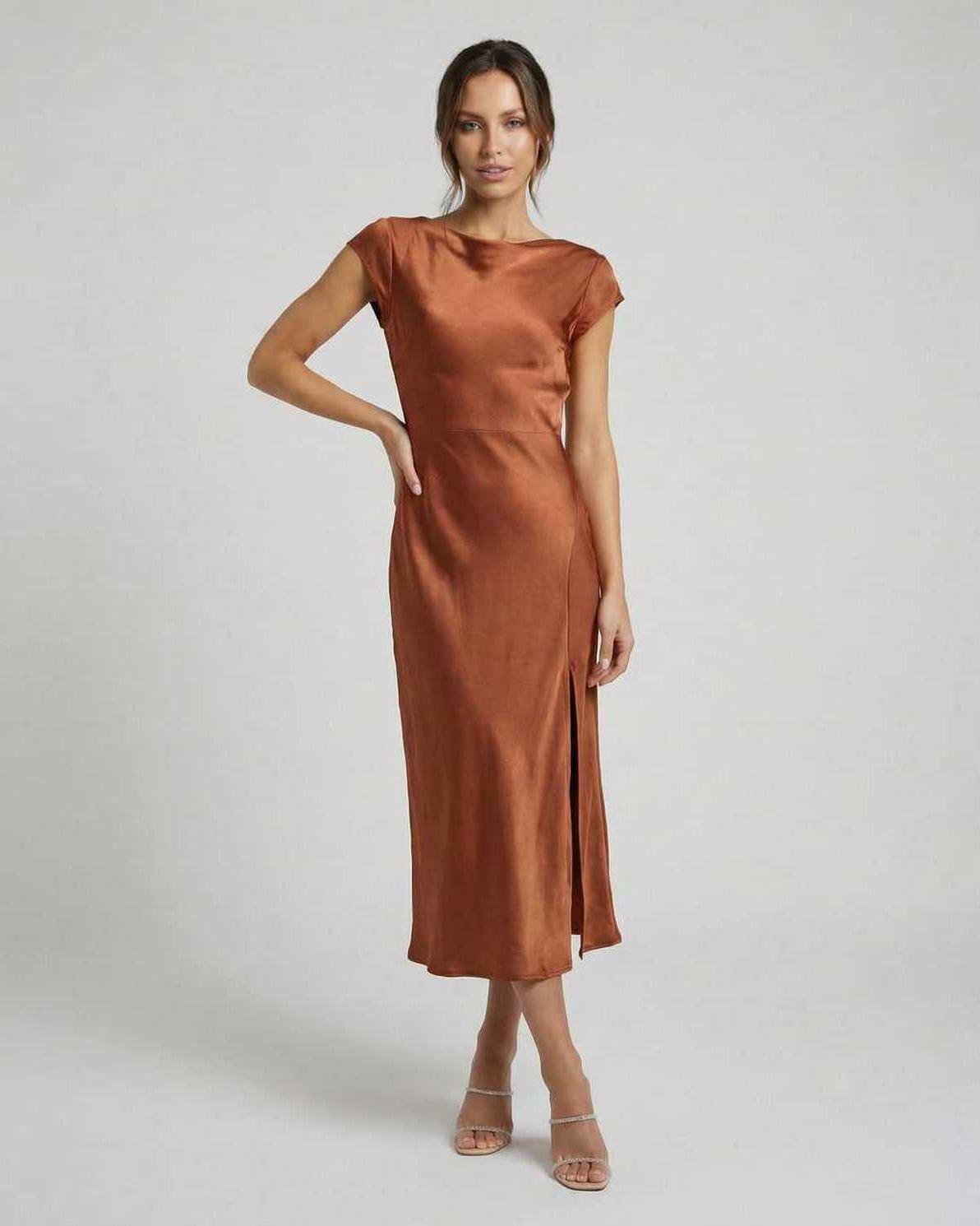 Women's Satin Midi Dress - Cap Sleeve Twist Back Side Slit