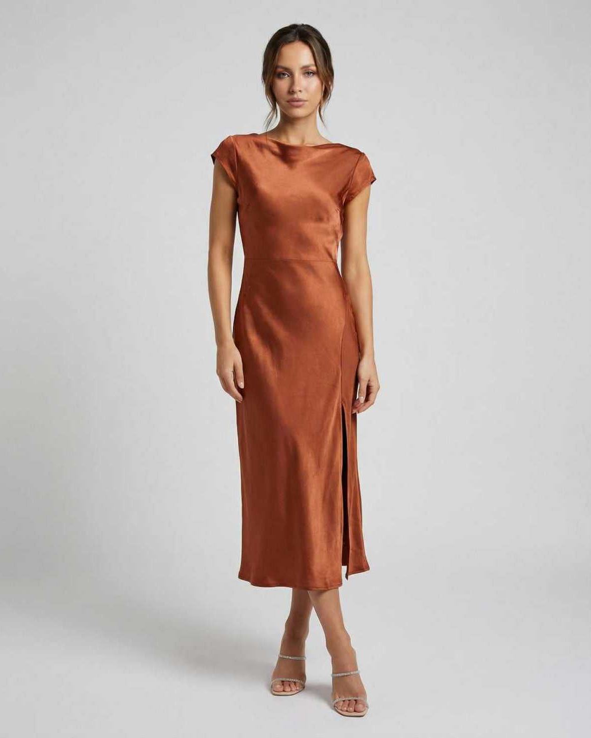 Women's Satin Midi Dress - Cap Sleeve Twist Back Side Slit