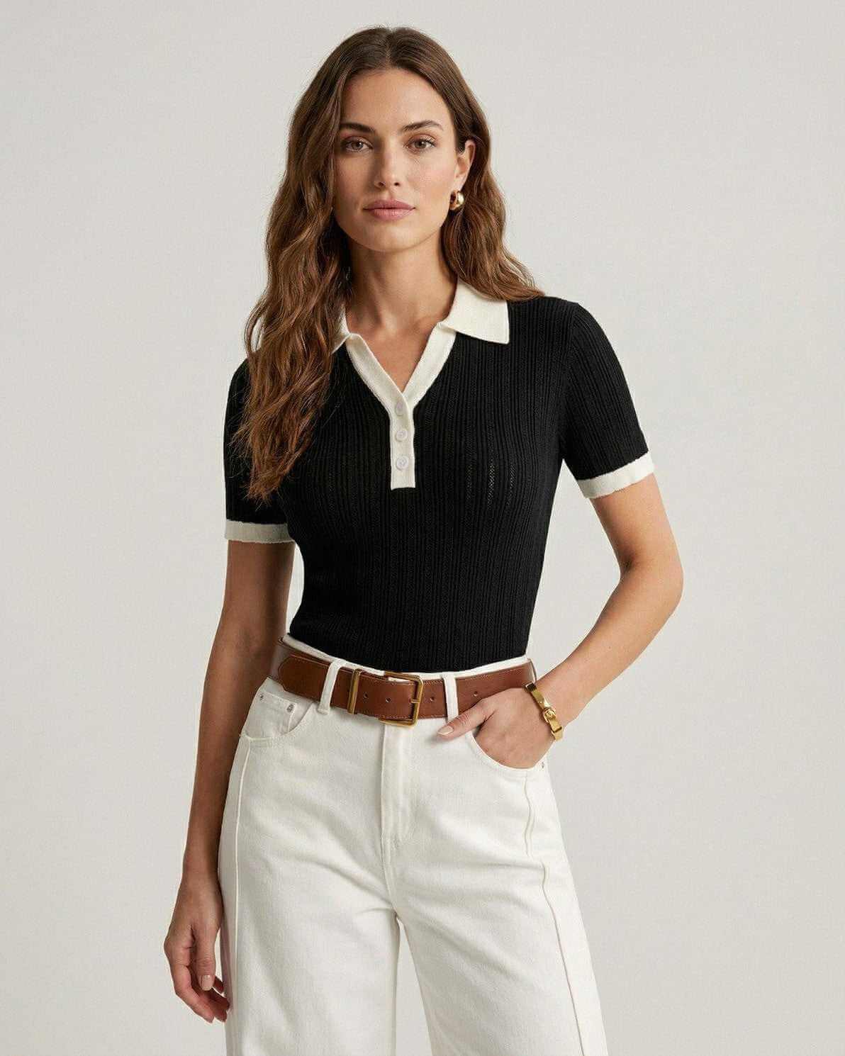 Women's Ribbed Knit Polo - Short Sleeve Contrast Trim Top