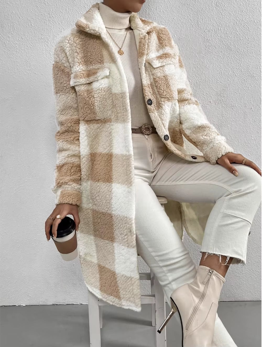 Women's Plaid Longline Coat - Button Up Check Oversized Jacket