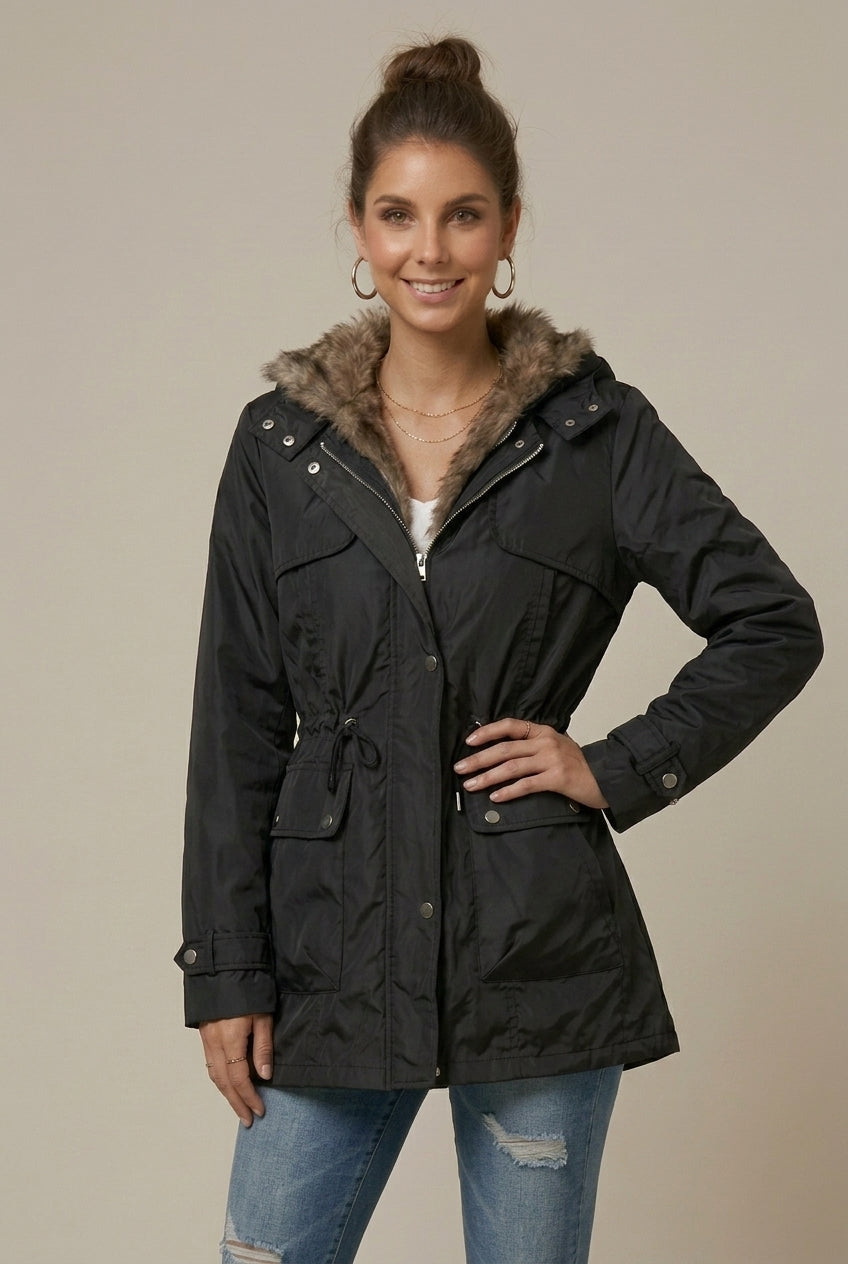 Women's Hooded Parka - Faux Fur Lined Hood - Snap Zip Front - Midi Length