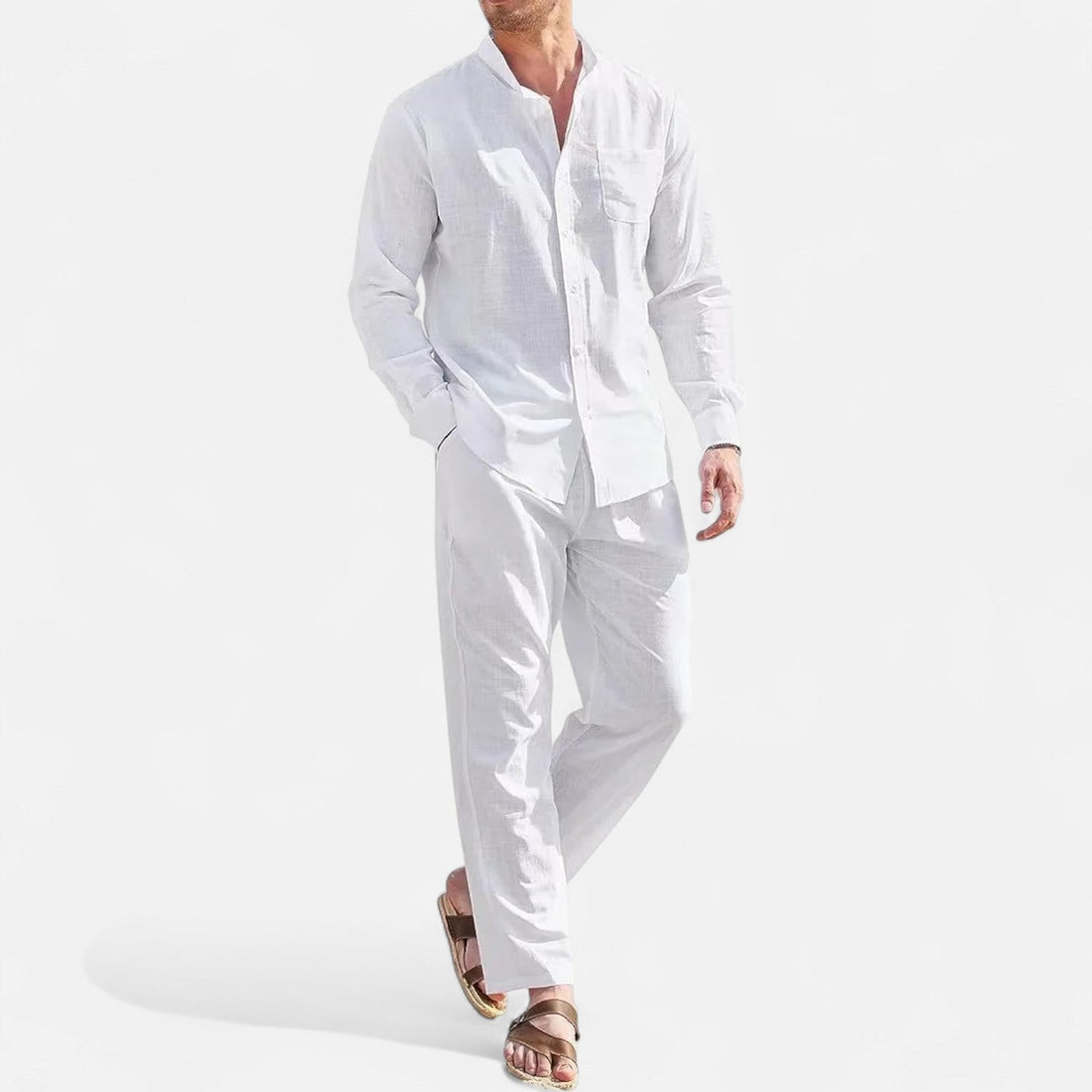 Men's Linen Long Sleeve Button-Down Shirt Two Piece Set