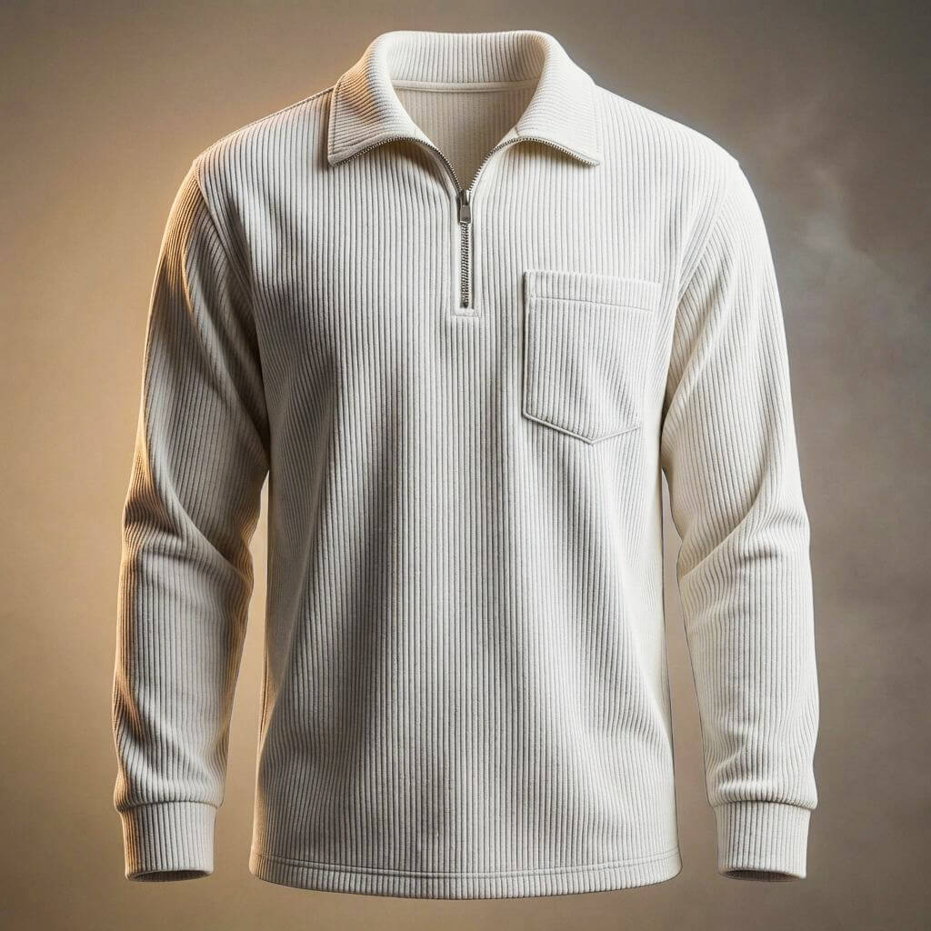 Men's Quarter Zip Jumper - Ribbed Knit Long Sleeve with Chest Pocket and Polo Collar