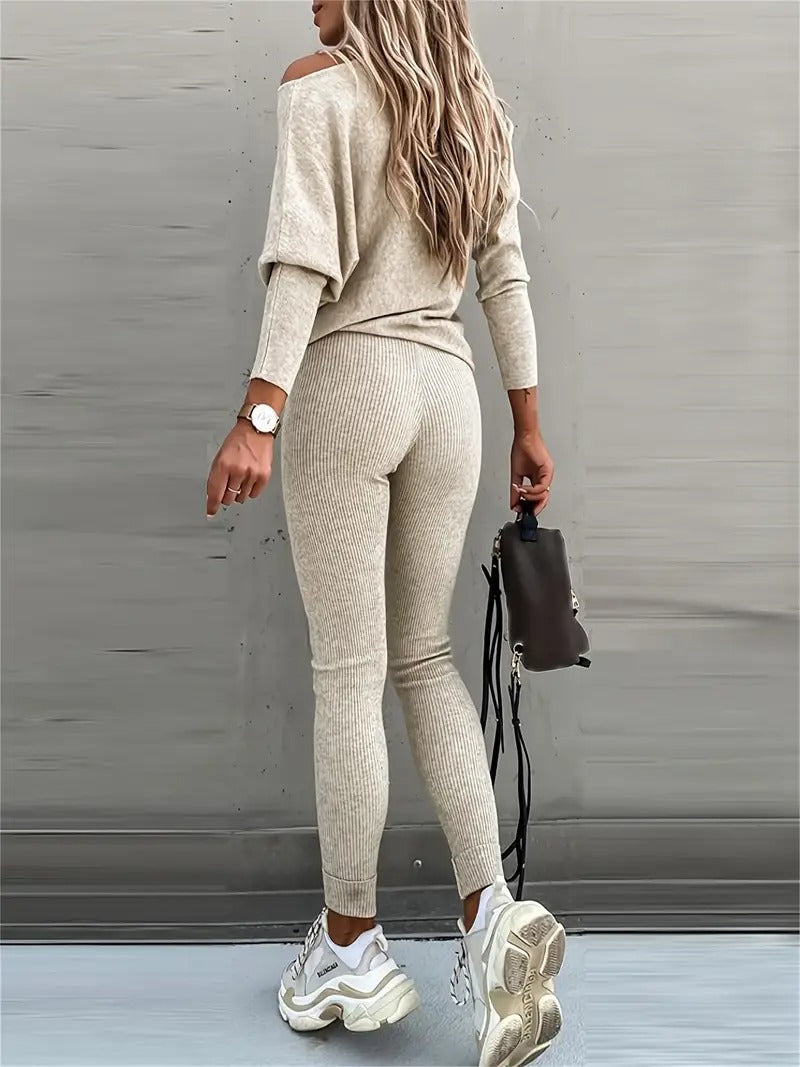 Women's Two Piece Set - Off Shoulder Top and Slim Leg Pants