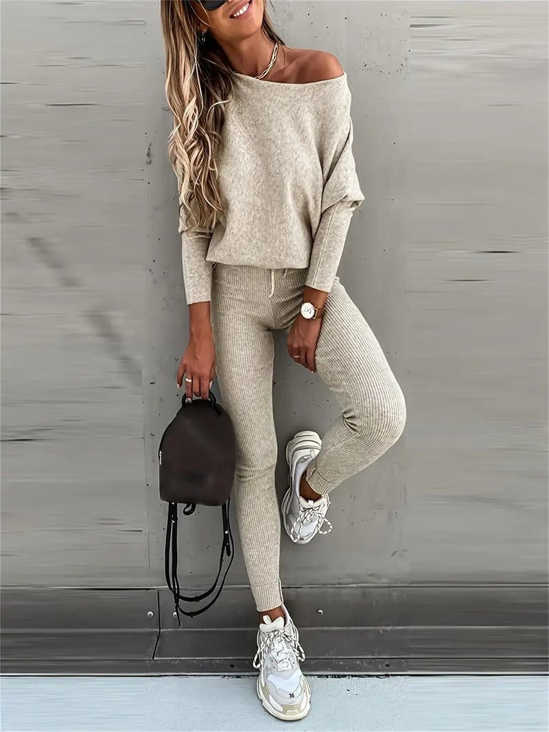 Women's Two Piece Set - Off Shoulder Top and Slim Leg Pants