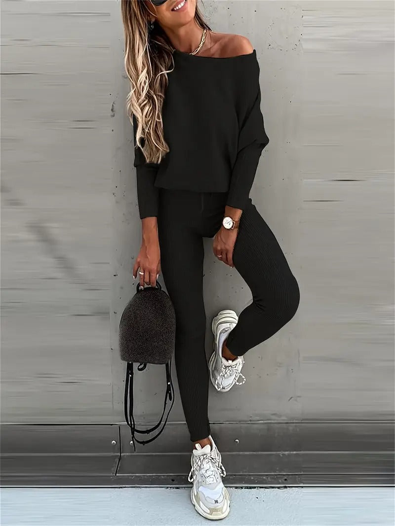Women's Two Piece Set - Off Shoulder Top and Slim Leg Pants