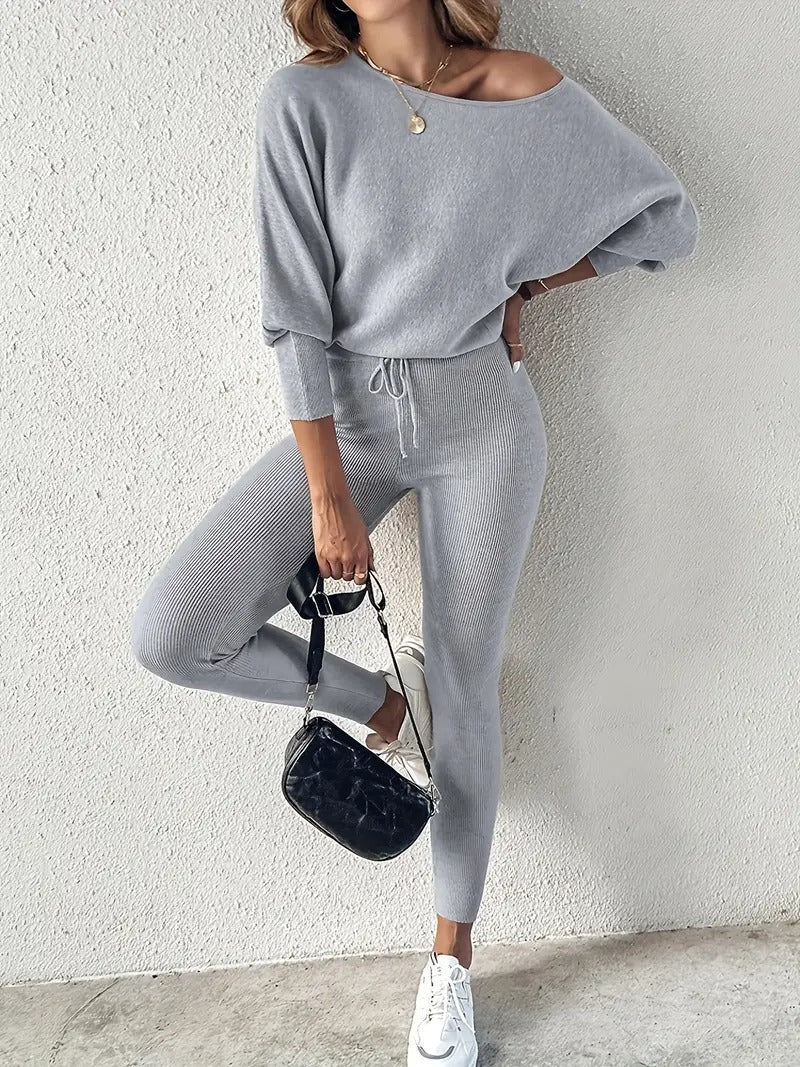 Women's Two Piece Set - Off Shoulder Top and Slim Leg Pants