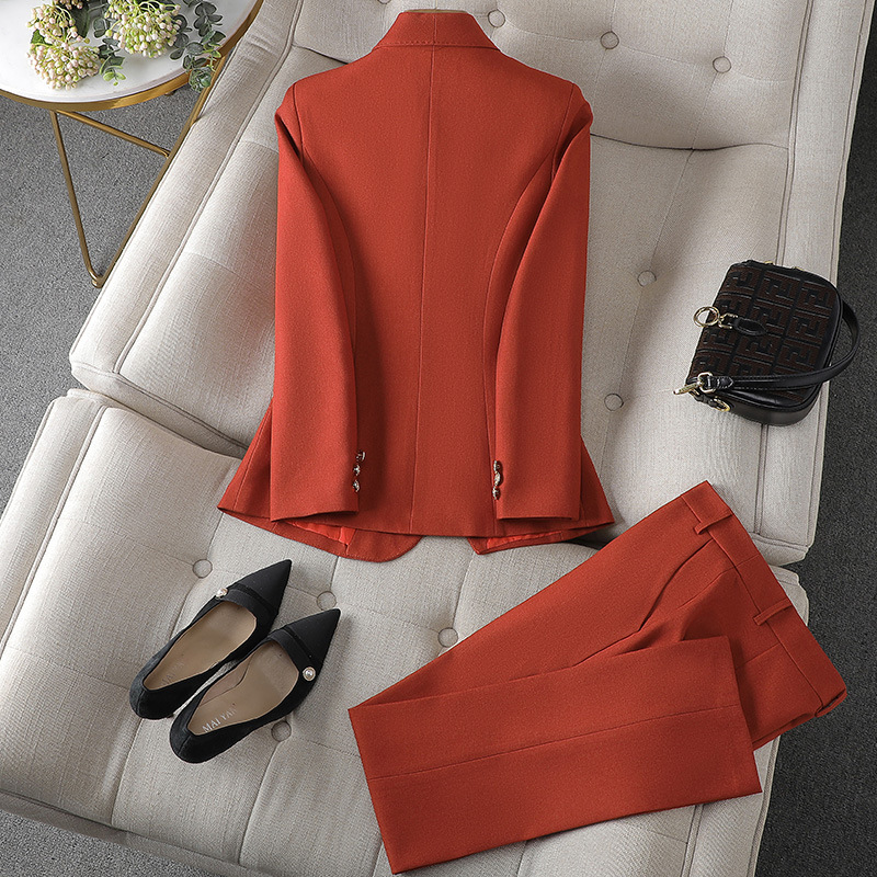 Women's Pant Suit Set - Shawl Collar Blazer and Straight Leg Pants